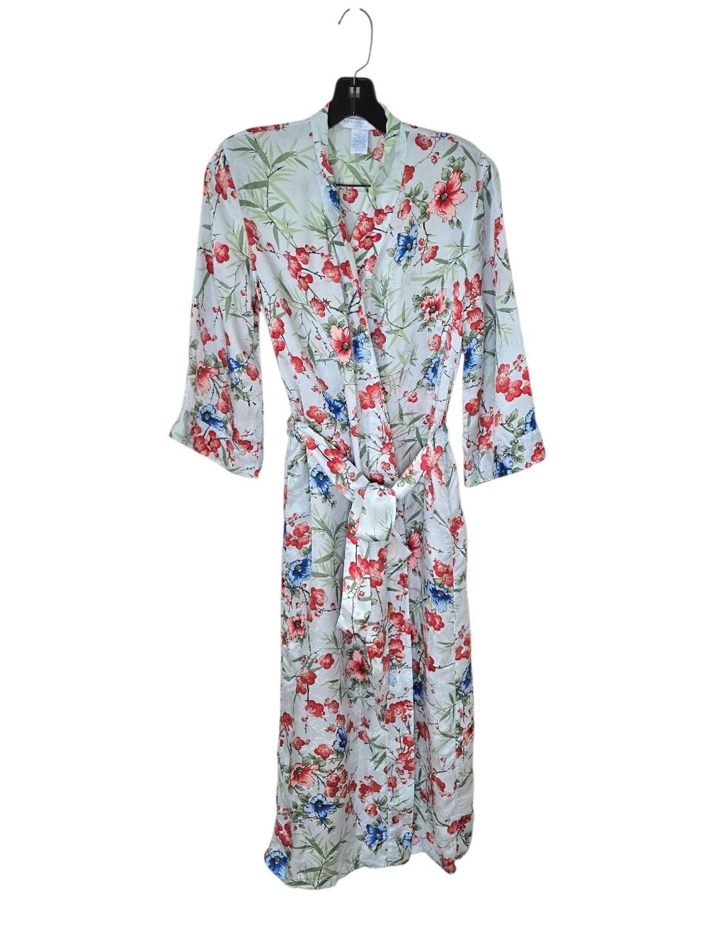 August Silk 100% Silk Blue Floral Long Line Robe Women's Small Loungewear